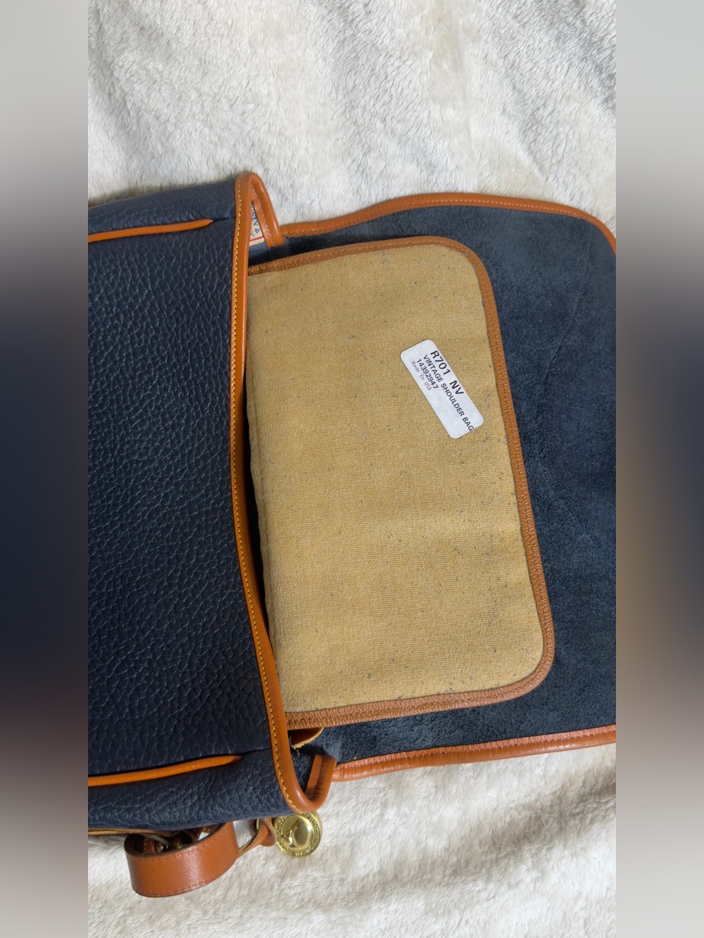 Vintage Dooney & Bourke AWL Cavalry Crossbody Shoulder Satchel Bag Navy Tan USA - Picture 10 of 16